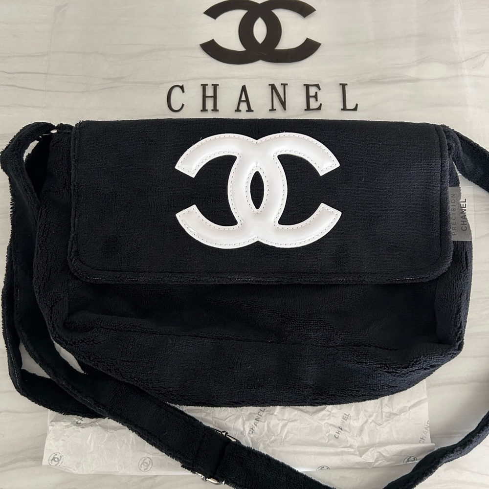 CHANEL VIP GWP Black Plush Crossbody Bag with White CC Logo